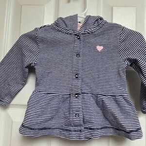 Girl Carters 6 month blue and white striped w/pink heart hoodie w/snap front New